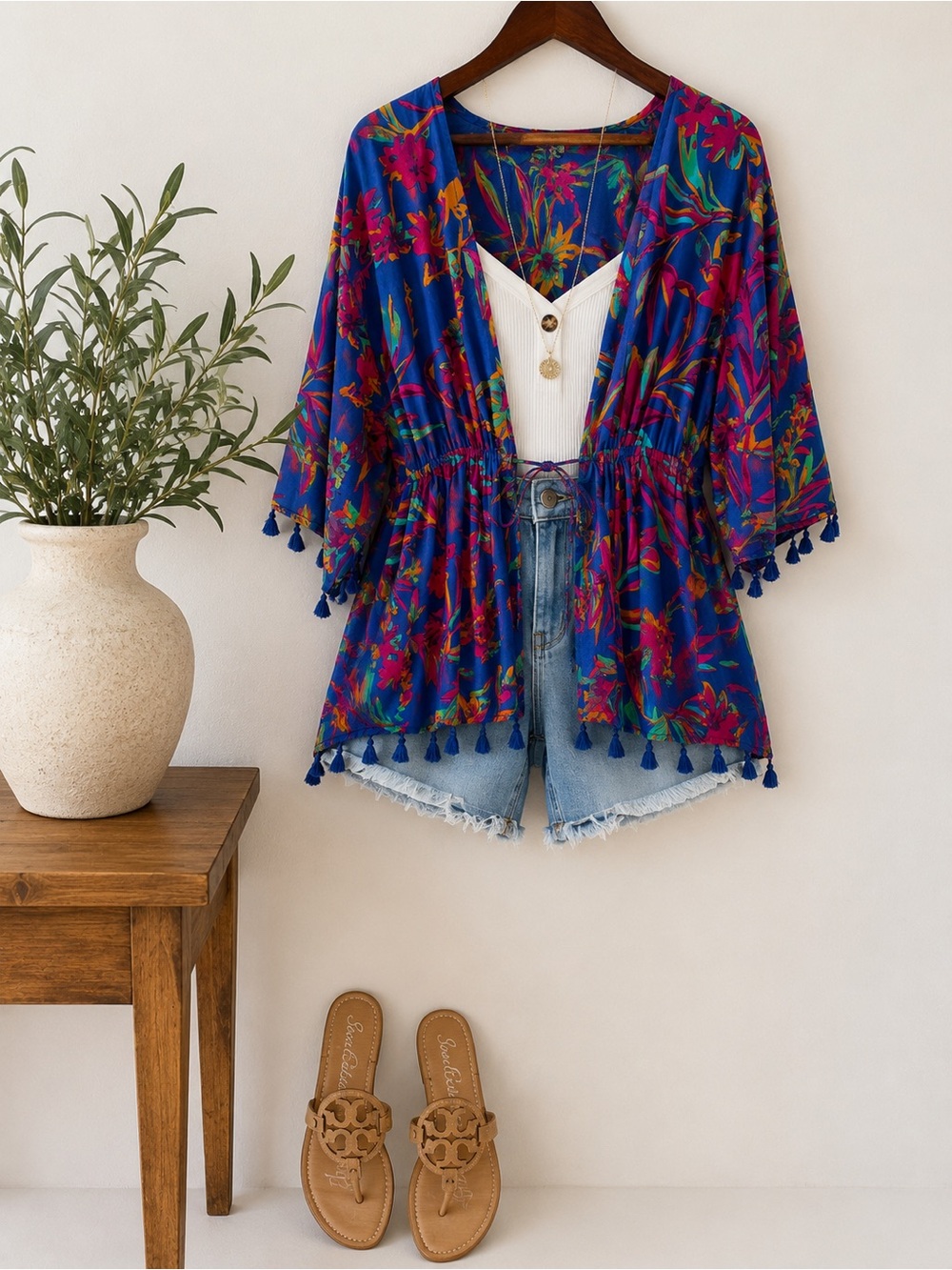 J.Crew Tropical Tassel Kimono|Cover Up | Blue Floral | Beach | Size S